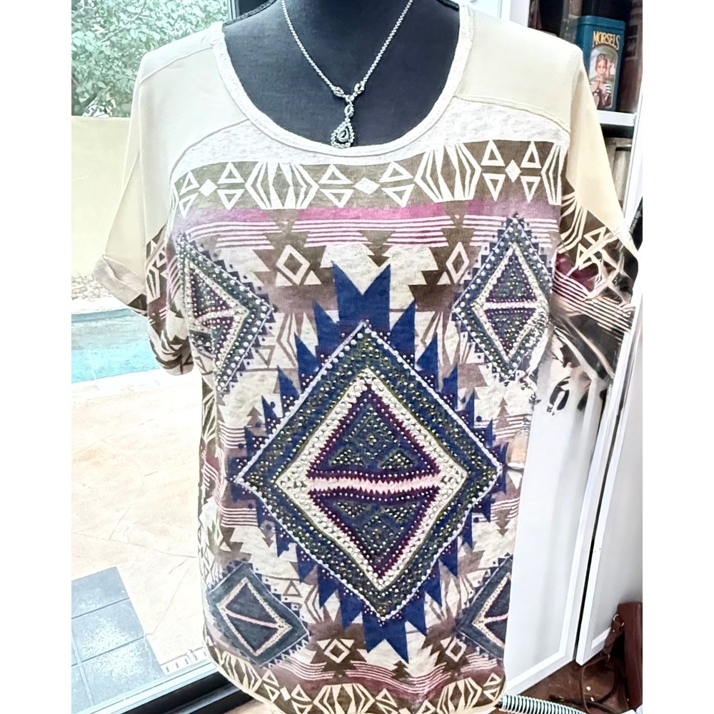 Vocal Embellished Southwestern Geometric Print Tunic Top Size M Made in USA